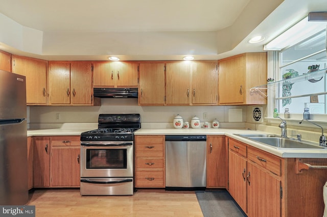 kitchen featuring light wood-type flooring, sink, and appliances with stainless steel finishes