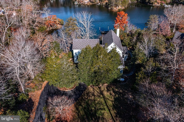 drone / aerial view featuring a water view