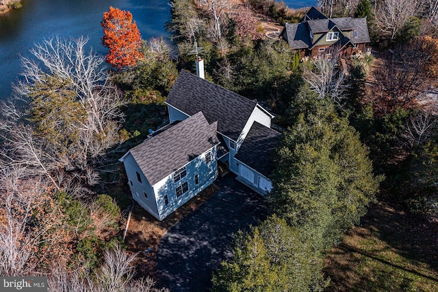 drone / aerial view featuring a water view