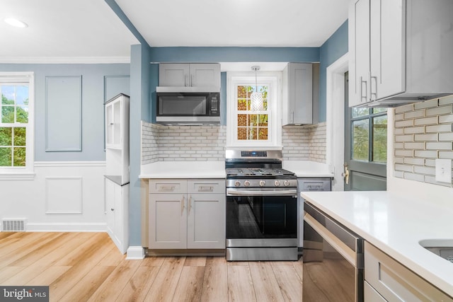 kitchen with gray cabinets, a healthy amount of sunlight, light wood-type flooring, and appliances with stainless steel finishes