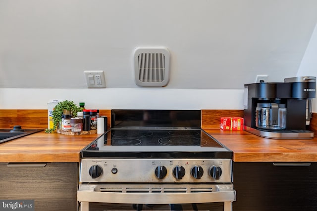 kitchen with butcher block countertops and stainless steel electric range