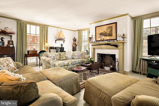 living room featuring crown molding