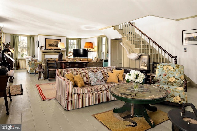 living room with radiator, ornamental molding, light hardwood / wood-style flooring, and plenty of natural light