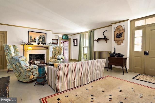 living room with radiator and crown molding