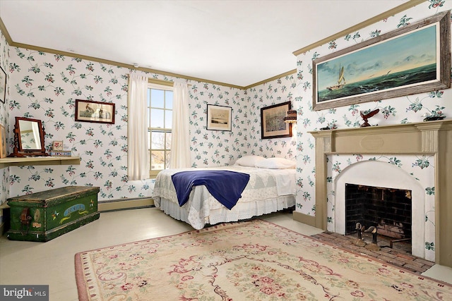 bedroom featuring ornamental molding and a baseboard radiator