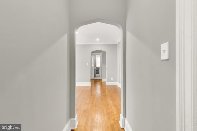 hallway with wood-type flooring and ornamental molding