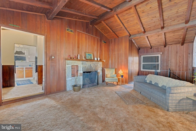 124 Club Rd, Pasadena, MD 21122 - living room featuring wood walls, wooden ceiling, carpet floors, and a fireplace