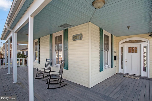 wooden deck featuring covered porch