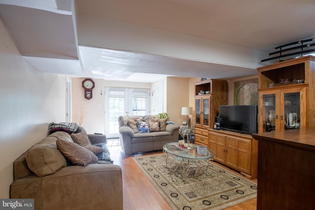 living room with french doors and light hardwood / wood-style flooring