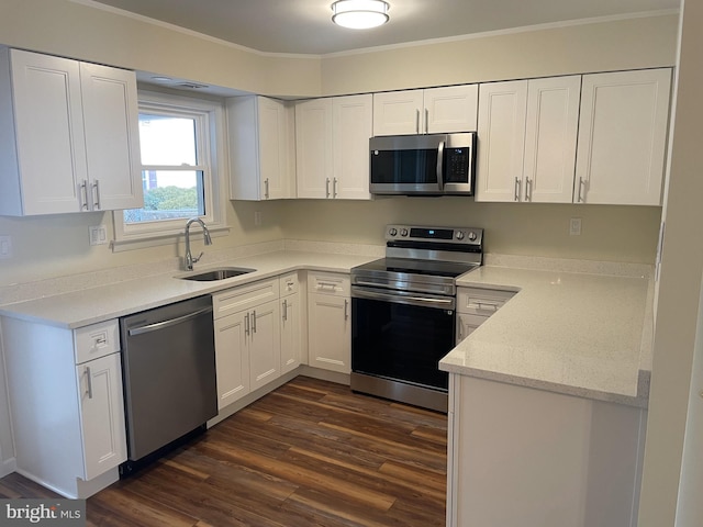 kitchen with appliances with stainless steel finishes, ornamental molding, dark wood-type flooring, sink, and white cabinetry