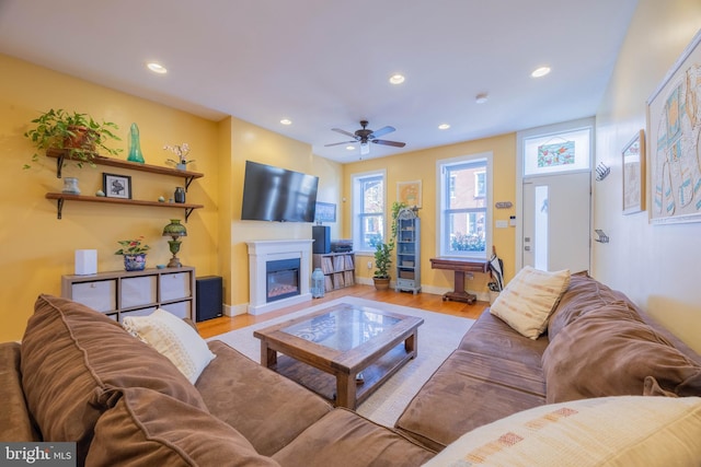 living room with ceiling fan and light hardwood / wood-style flooring