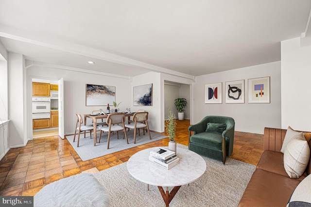 living room with light parquet flooring