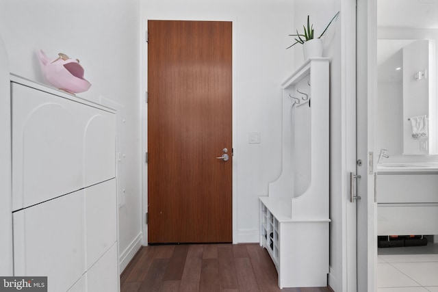 mudroom featuring dark hardwood / wood-style flooring and sink