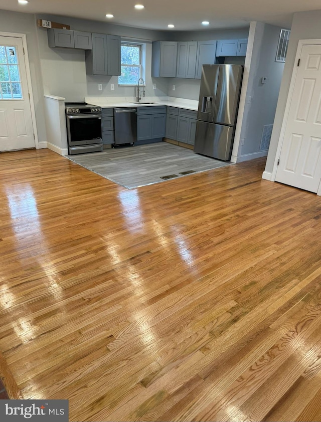 kitchen with gray cabinetry, plenty of natural light, light hardwood / wood-style floors, and appliances with stainless steel finishes