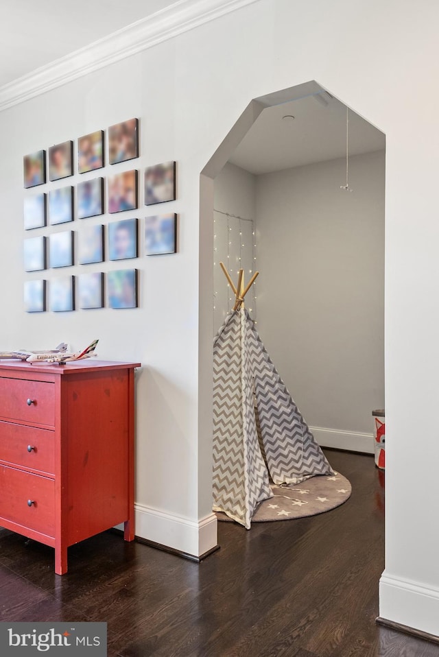 rec room with dark hardwood / wood-style flooring and ornamental molding