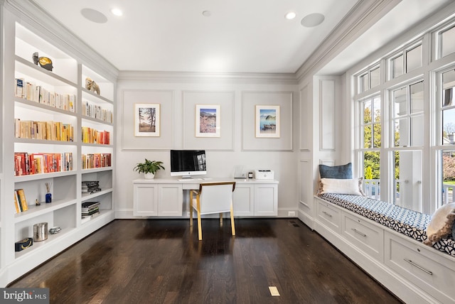 home office featuring ornamental molding, built in features, and dark hardwood / wood-style flooring