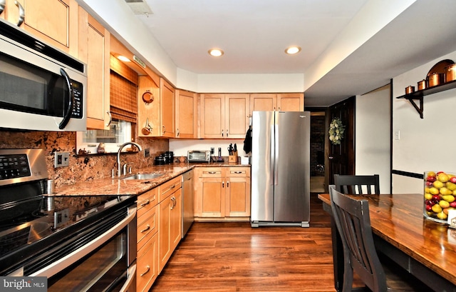 kitchen with sink, light brown cabinets, light stone counters, dark hardwood / wood-style flooring, and appliances with stainless steel finishes