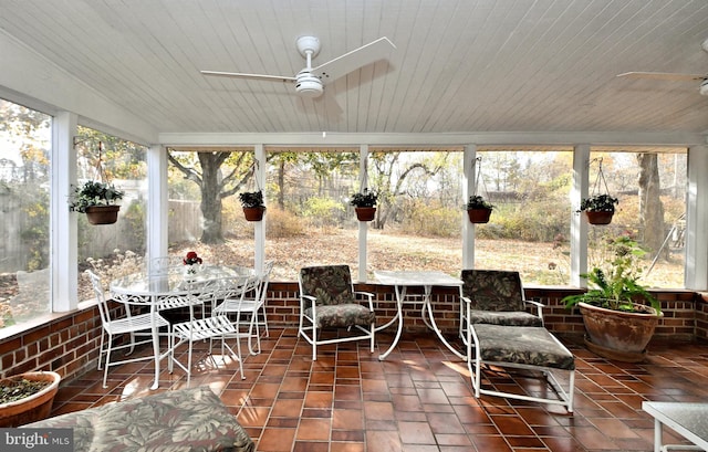 sunroom / solarium featuring ceiling fan, wood ceiling, and a wealth of natural light