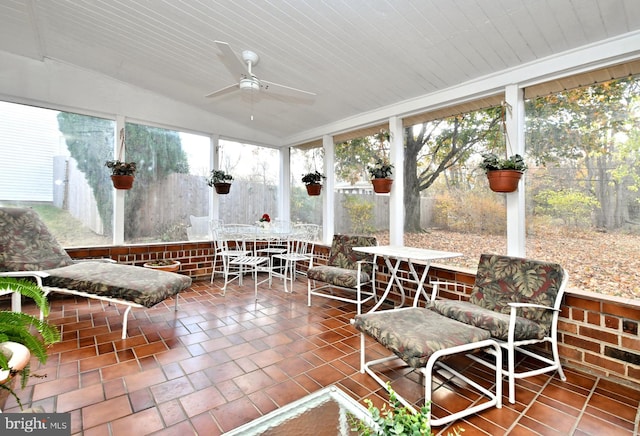 sunroom featuring vaulted ceiling, ceiling fan, and wooden ceiling