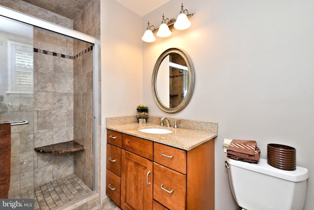 bathroom with vanity, toilet, and a shower with door