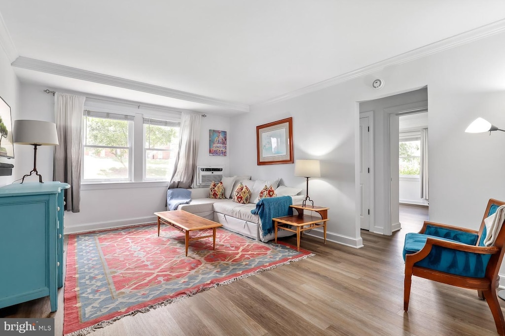 living room featuring hardwood / wood-style floors, an AC wall unit, and ornamental molding