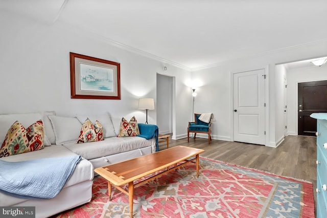 living room featuring wood-type flooring and crown molding