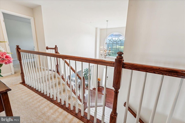 staircase with carpet floors and an inviting chandelier