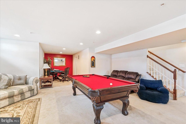 rec room featuring light colored carpet and billiards