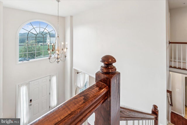 foyer with a chandelier and hardwood / wood-style floors