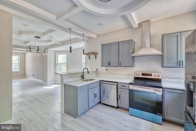 kitchen featuring wall chimney exhaust hood, a healthy amount of sunlight, hanging light fixtures, kitchen peninsula, and appliances with stainless steel finishes