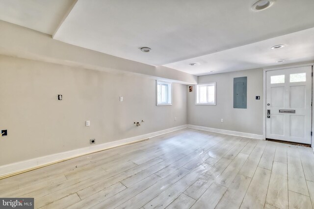 entryway with electric panel and light hardwood / wood-style floors