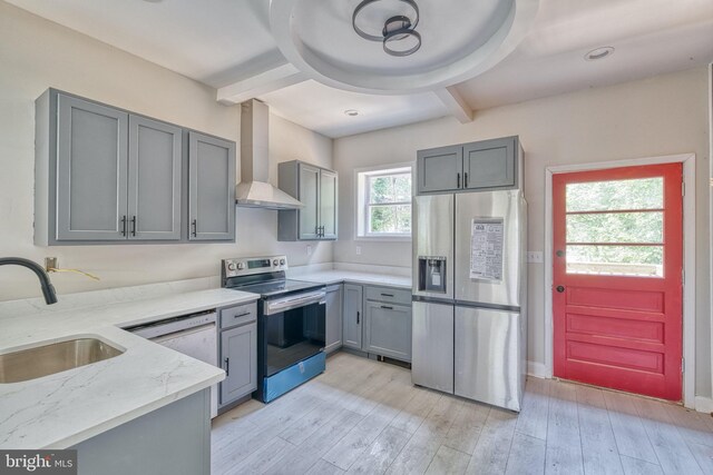 kitchen featuring gray cabinetry, sink, light hardwood / wood-style flooring, wall chimney exhaust hood, and stainless steel appliances