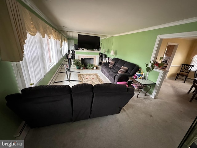 carpeted living room featuring crown molding