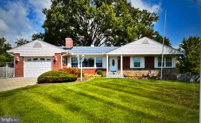 single story home featuring a front lawn and a garage