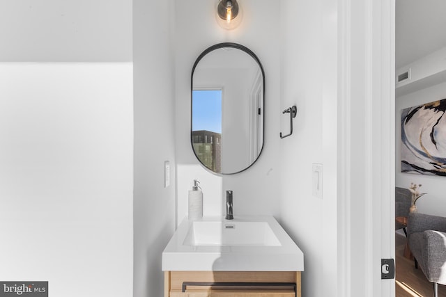 bathroom with vanity and wood-type flooring