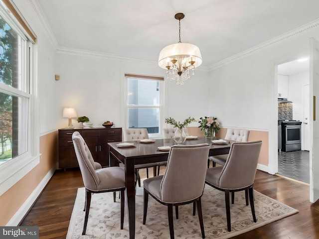 dining room with a chandelier, dark hardwood / wood-style flooring, and a healthy amount of sunlight