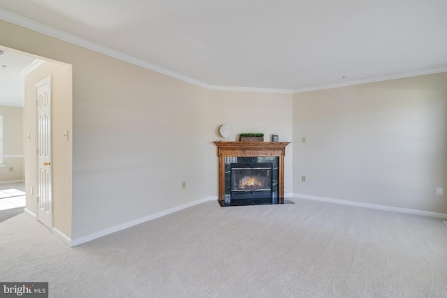 unfurnished living room with light colored carpet and crown molding