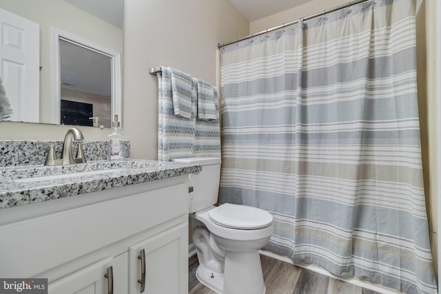 bathroom featuring hardwood / wood-style flooring, vanity, and toilet