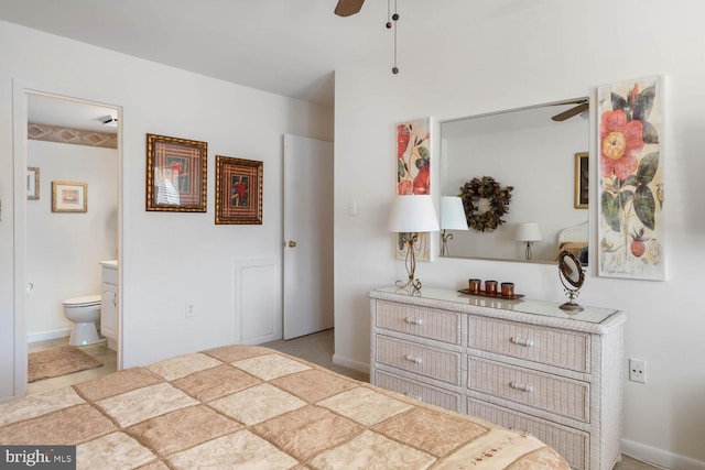 bedroom featuring connected bathroom and ceiling fan