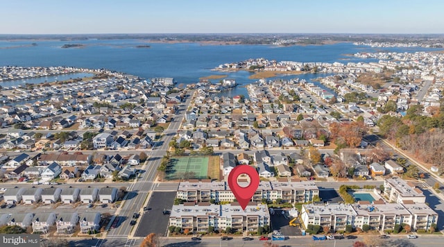 drone / aerial view with a water view