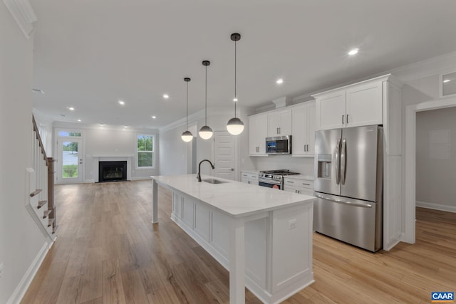 kitchen featuring appliances with stainless steel finishes, ornamental molding, a kitchen island with sink, sink, and light hardwood / wood-style flooring