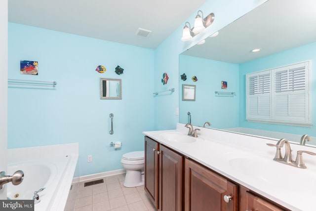 bathroom with visible vents, toilet, a garden tub, a sink, and tile patterned flooring