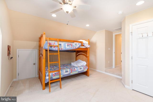 bedroom featuring recessed lighting, baseboards, lofted ceiling, and carpet flooring