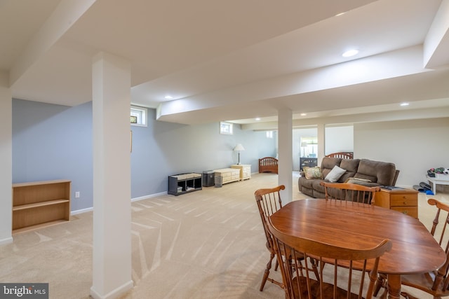 dining area featuring recessed lighting, baseboards, and light carpet