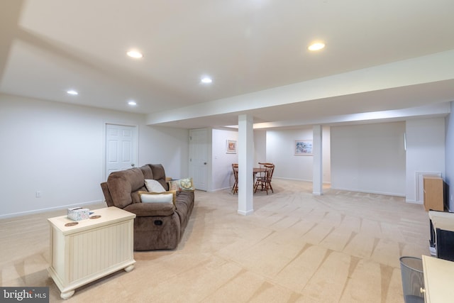 interior space with light carpet, recessed lighting, and baseboards