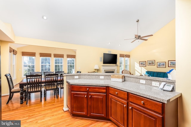 kitchen featuring a wealth of natural light, open floor plan, light wood-style flooring, and light countertops