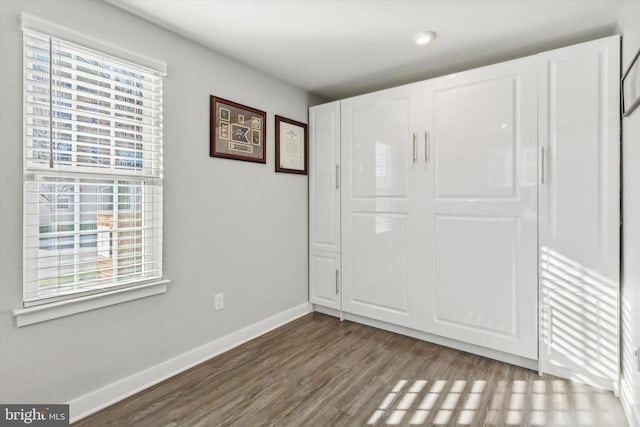 unfurnished bedroom with multiple windows, a closet, and wood-type flooring