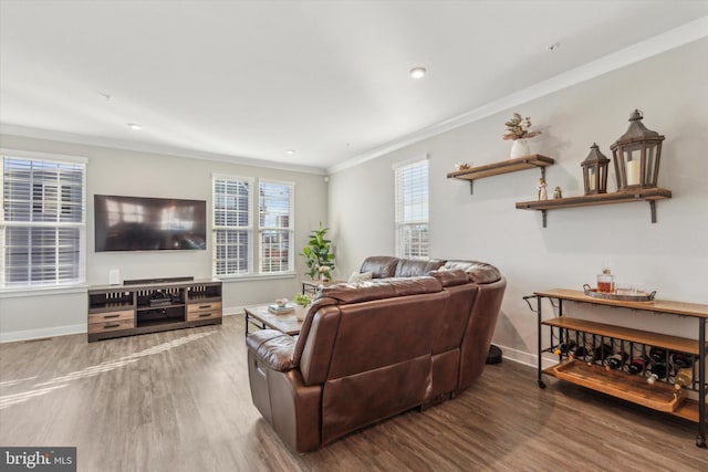 living room with hardwood / wood-style floors and crown molding