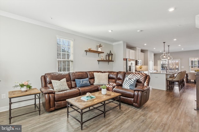 living room featuring light hardwood / wood-style flooring, ornamental molding, and sink