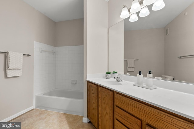 bathroom featuring visible vents, baseboards, toilet, tile patterned flooring, and vanity